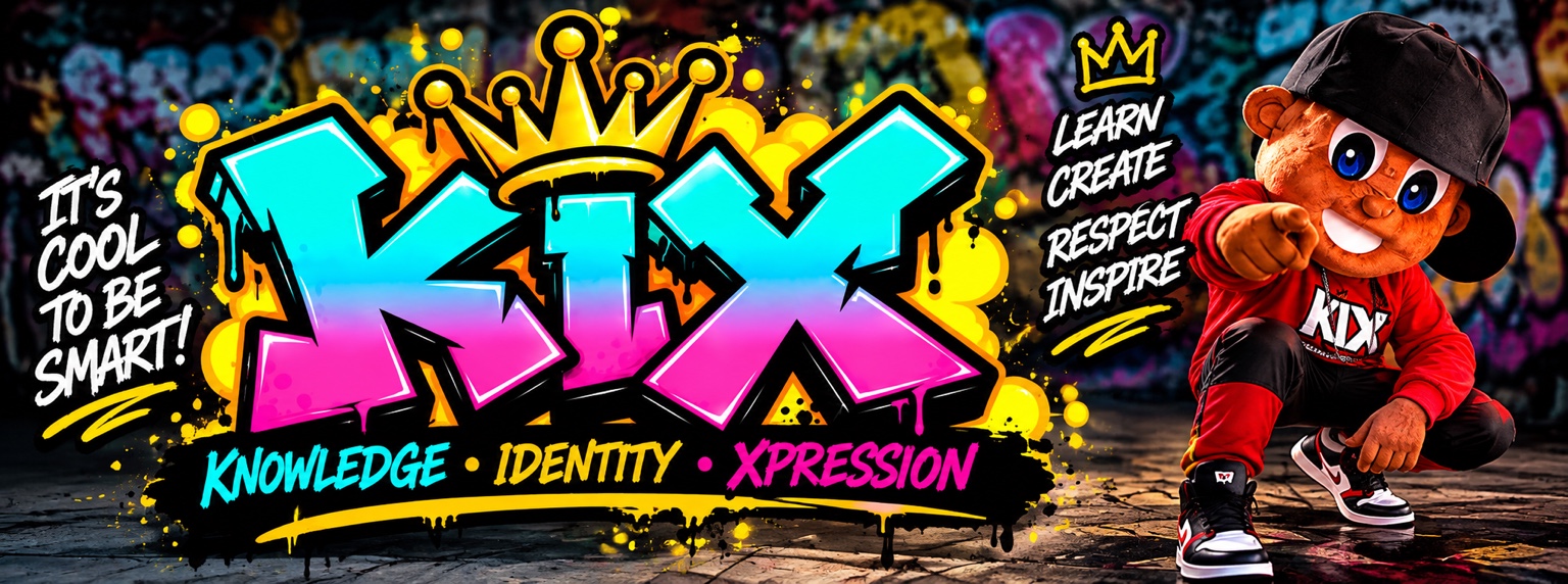KIX character with the message It's Cool to Be Smart and Knowledge, Identity, Xpression